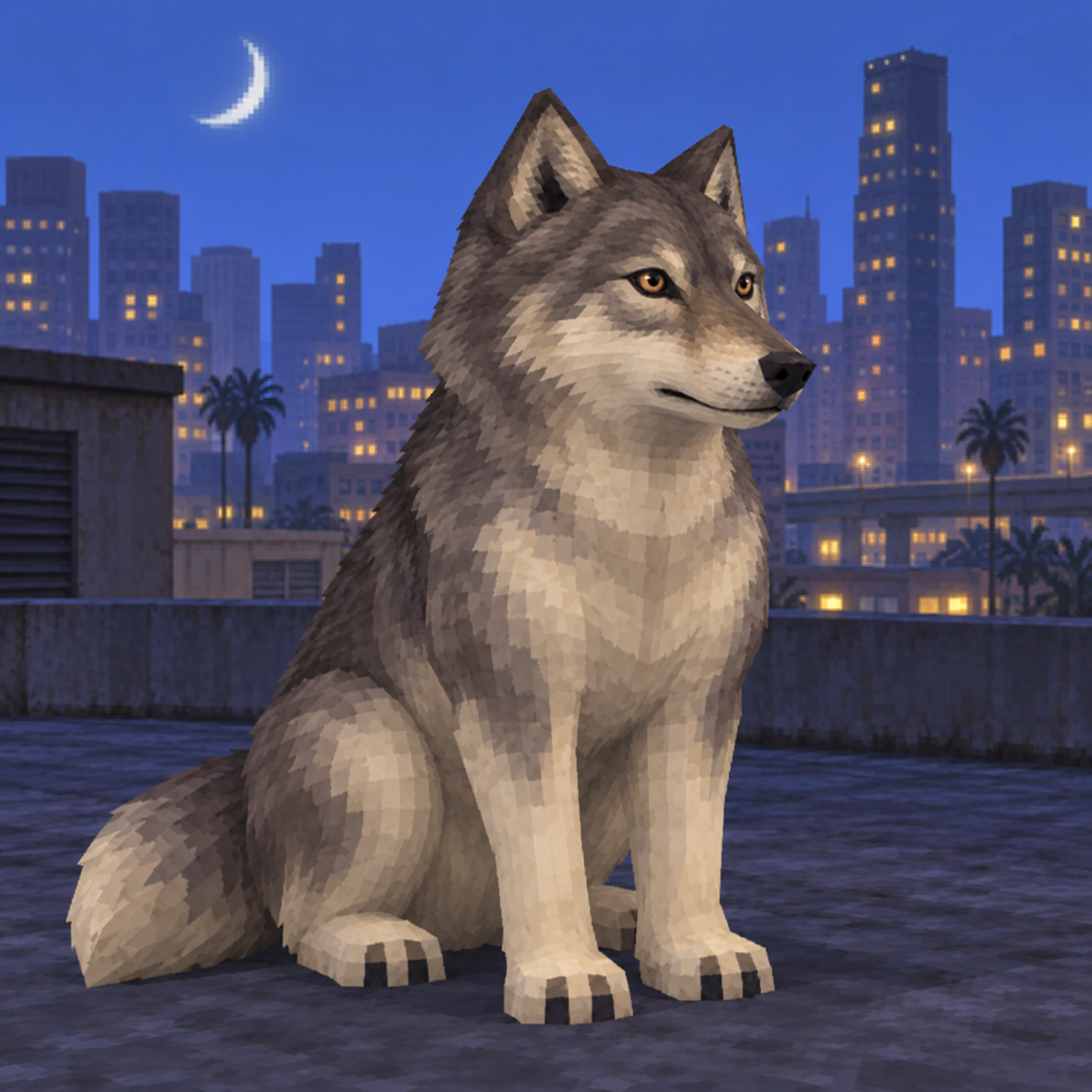 WOLF sitting on a rooftop beneath a crescent moon and a blue city skyline