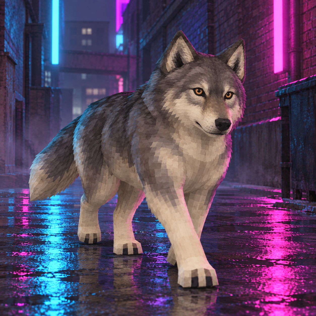 WOLF walking through a rain-soaked alley glowing with cyan and magenta neon