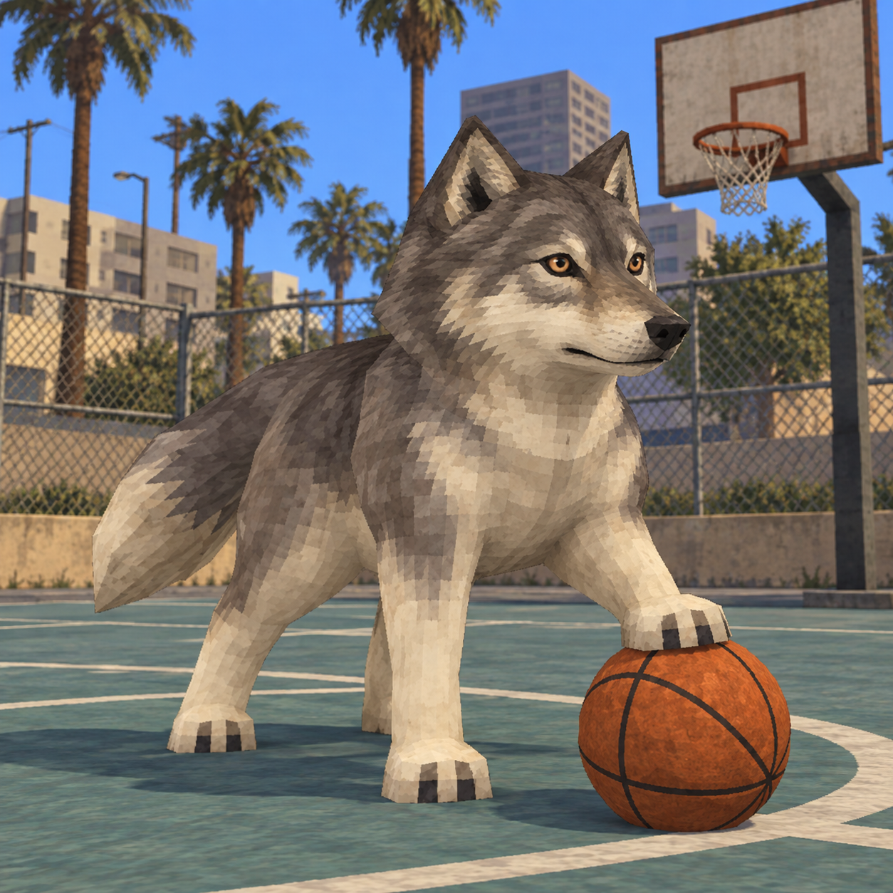 WOLF with one paw on a basketball at a sunny outdoor court surrounded by palms