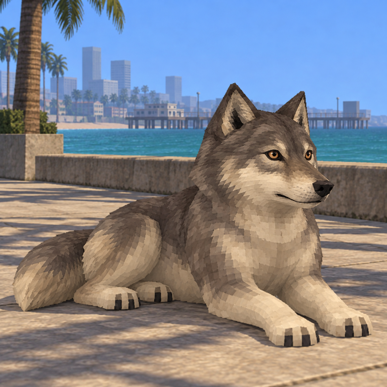 WOLF resting on a sunny seaside promenade with blue water, palms and a pier behind him